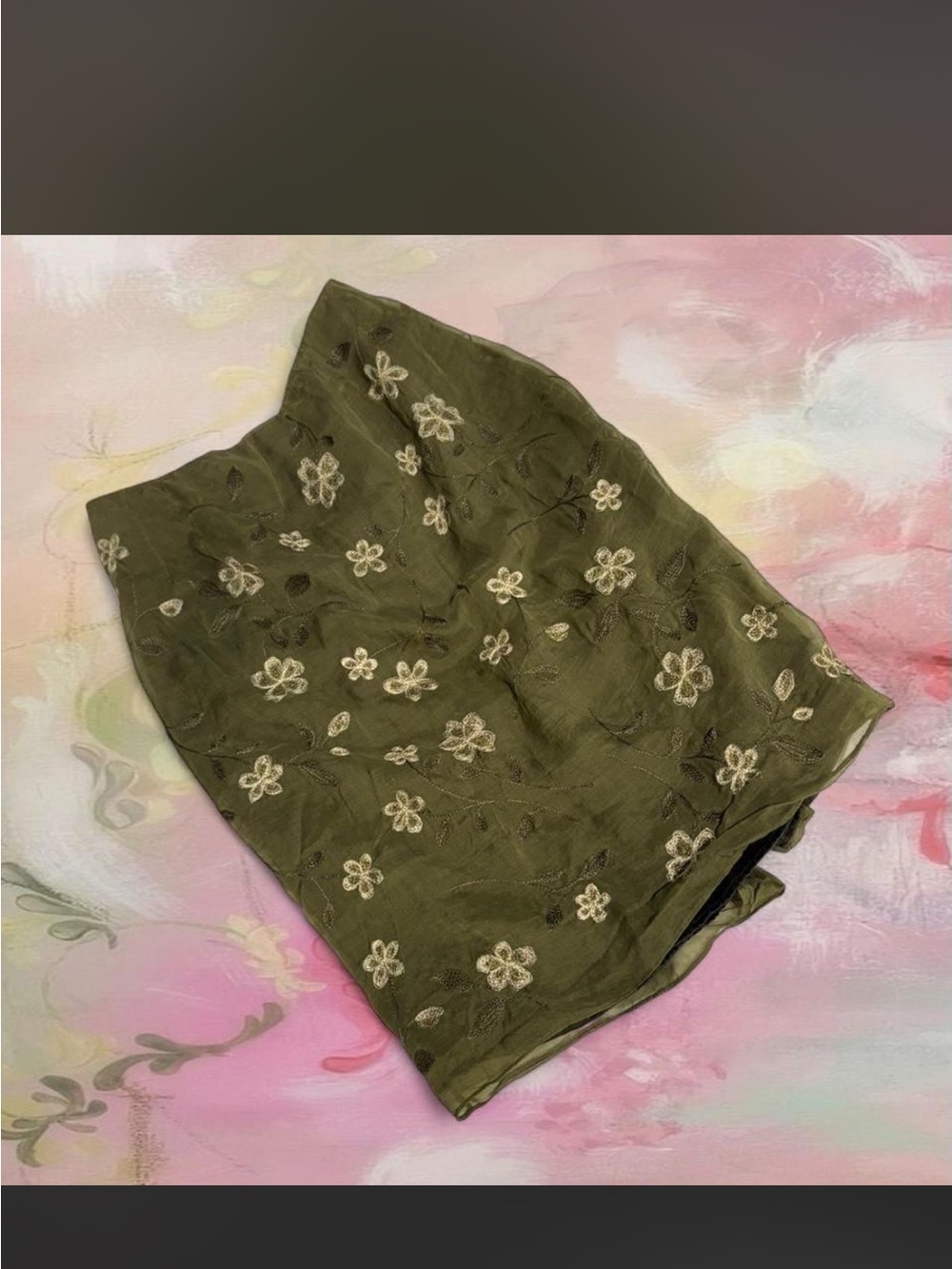 Vintage INC Olive Green Floral Embroidered Skirt